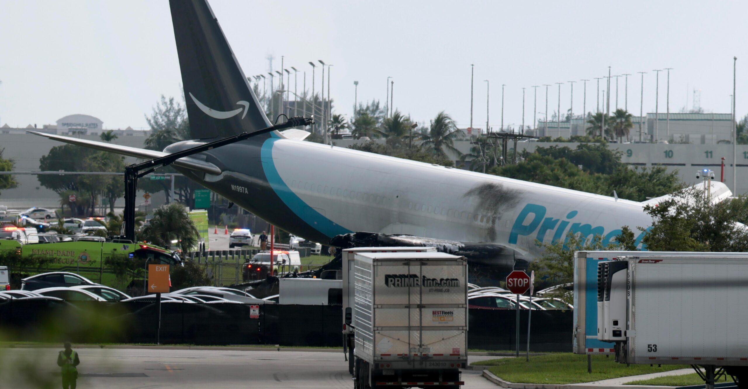 Amazon-branded cargo plane overruns runway at Miami airport